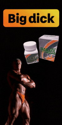 Tadalafil medication next to a bodybuilder with text "Big dick".