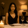 Woman in black dress at a table set for two, lit by candlelight.