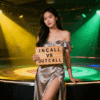 Woman in silver dress holding "Incall vs Outcall" sign on stage. Incall escort girls comparison.
