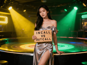 Woman in silver dress holding "Incall vs Outcall" sign on stage. Incall escort girls comparison.