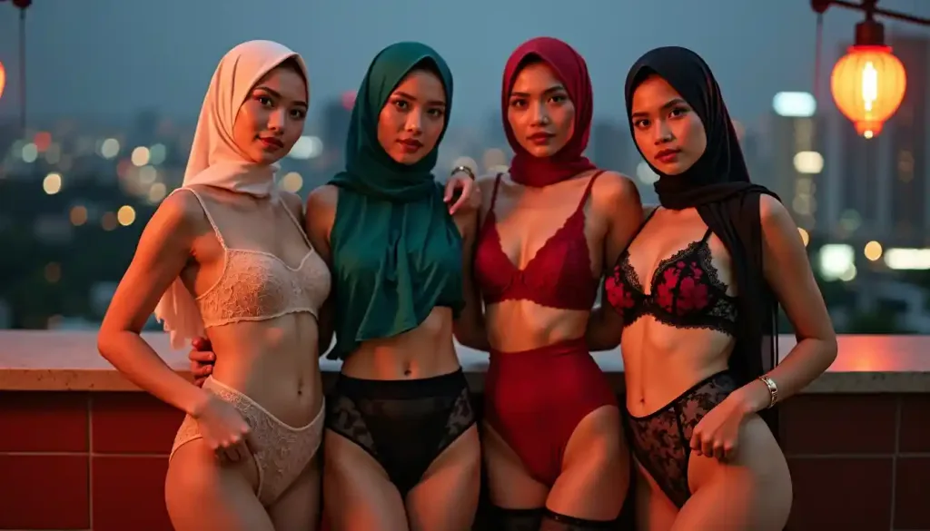 Four women in hijabs and lingerie pose on a rooftop with city lights in the background.