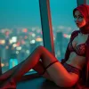 Woman in hijab and lingerie poses by a window with city lights