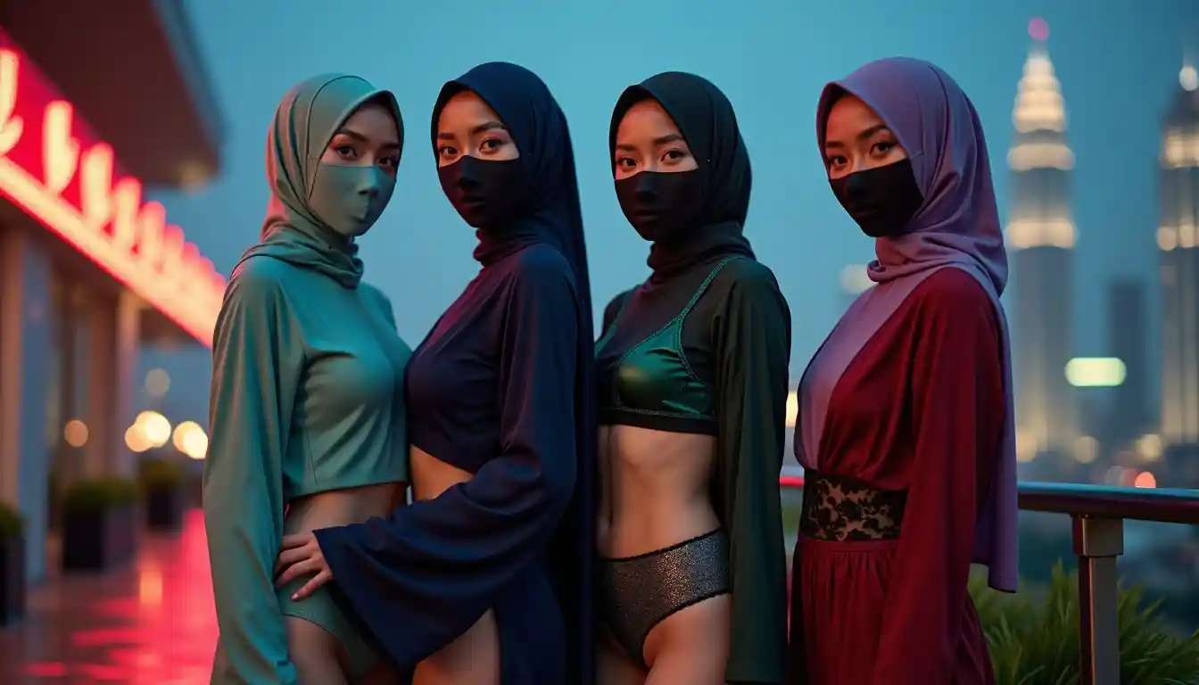 Four women in hijabs and masks stand against a city skyline