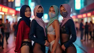 Four women in hijabs and lingerie pose on a city street at night