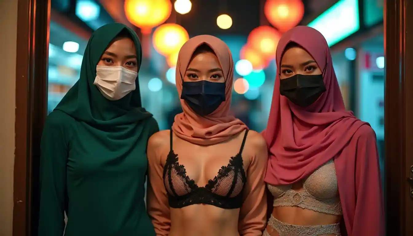 Three women in hijabs and face masks stand in front of illuminated lanterns