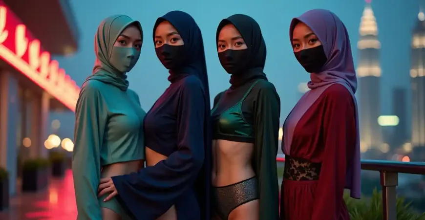 Four women in hijabs and masks stand against a city skyline