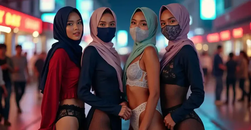 Four women in hijabs and lingerie pose on a city street at night